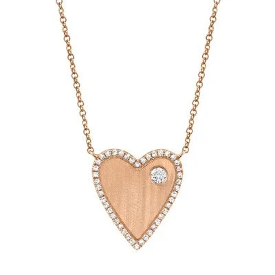 14K Yellow Gold Diamond Halo Satin Heart Necklace