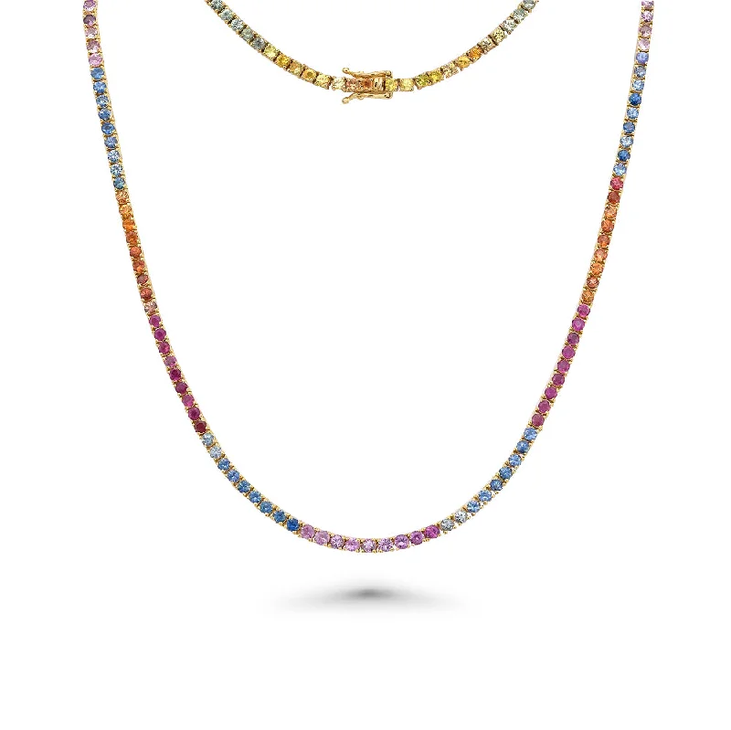 Rainbow Multi Color Sapphire Tennis Necklace (12.60 ct.) 4-Prongs Setting in 14K Gold