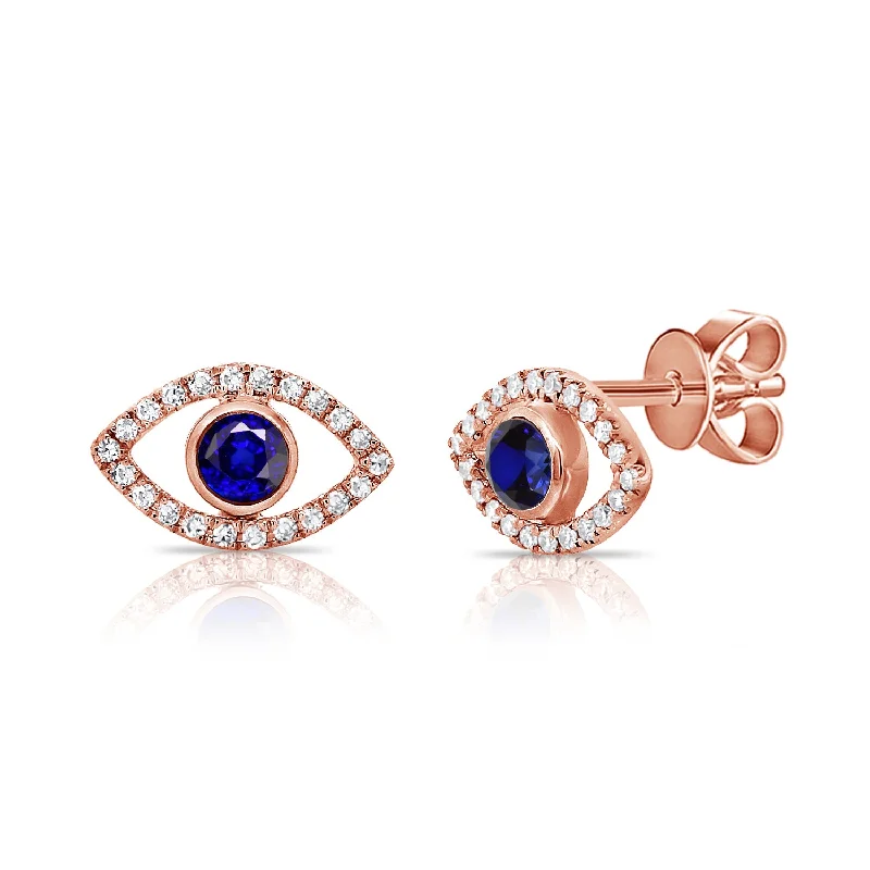 14K Rose Gold Diamond + Sapphire Evil Eye Earrings