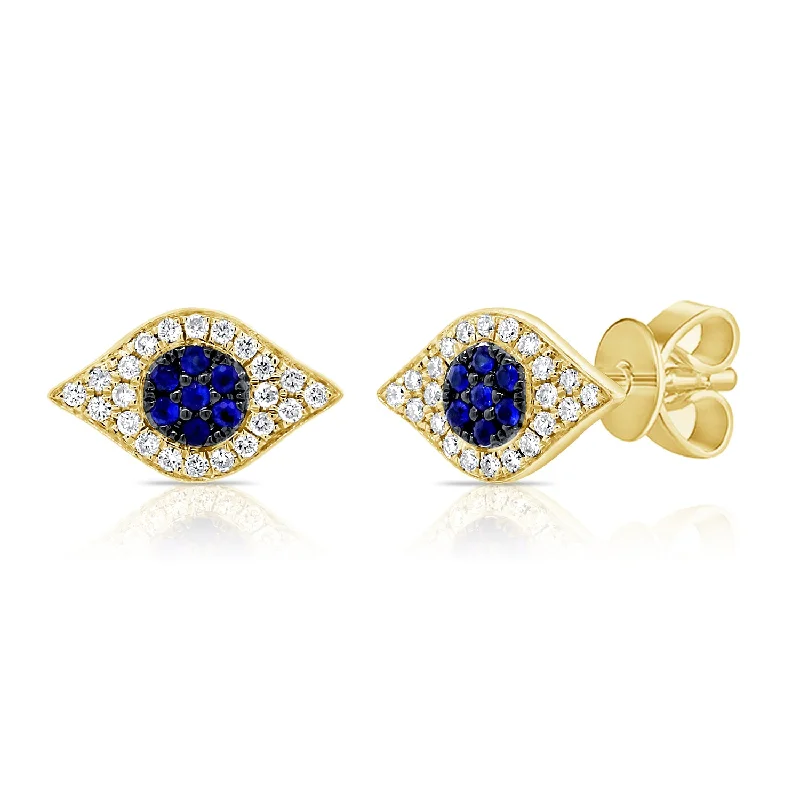 14K Yellow Gold Diamond + Blue Sapphire Evil Eye Earrings