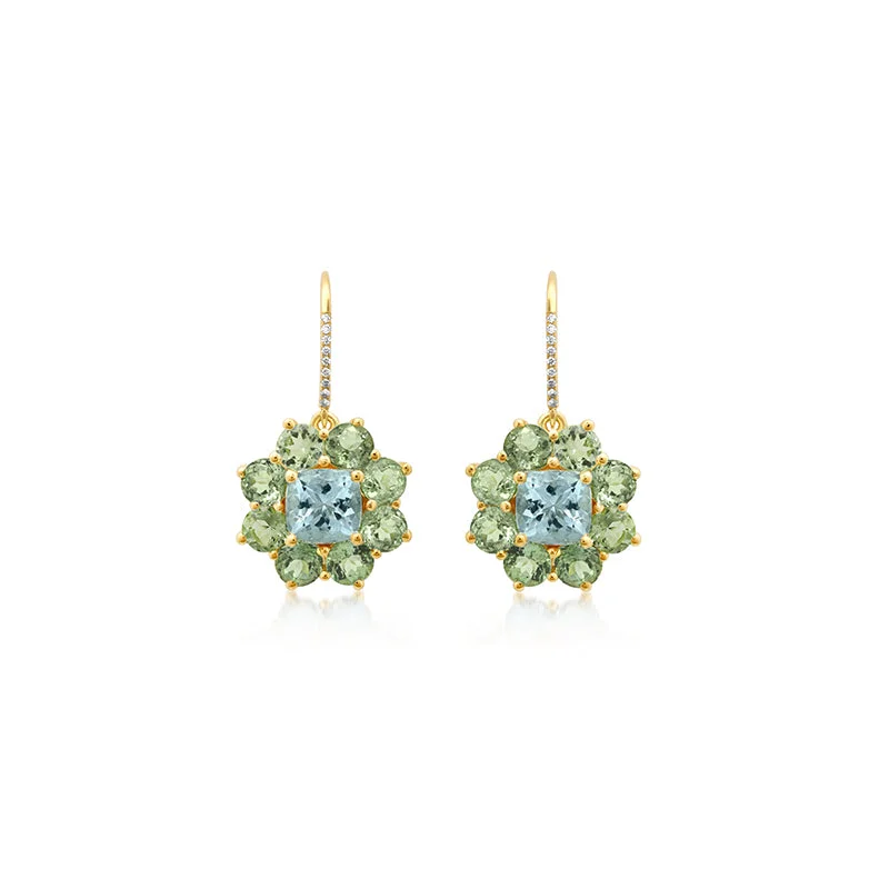 Petite Statement Mint Tourmaline Flower Drop Earrings with Aquamarine Center