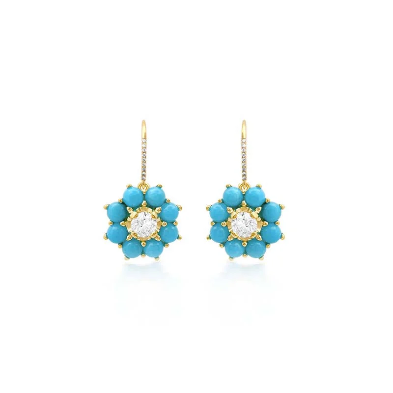 Petite Statement Turquoise Flower Drop Earrings with Illusion Set Diamond Center