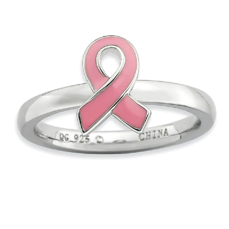 Silver Stackable Pink Enamel Awareness Ribbon Ring