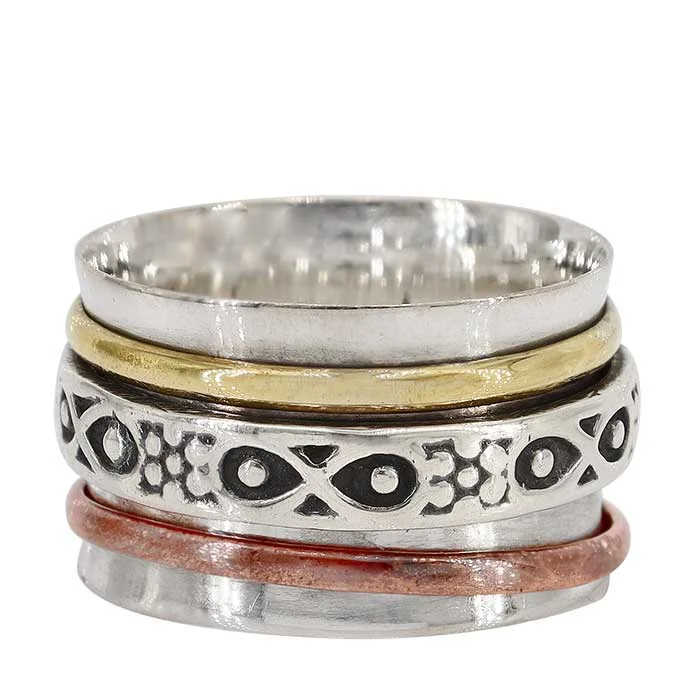 Sterling Silver with copper and brass band, 3 tone meditation ring, 14mm width