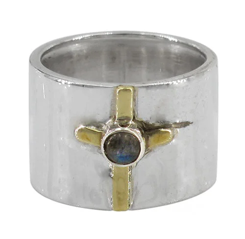 Sterling silver with gold cross ring, 4mm labradorite stone, 15mm band.