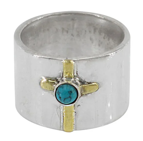 Sterling silver with gold cross ring, 4mm synthetic turquoise stone, 15mm band.