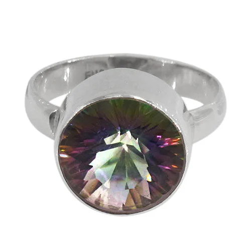 Sterling silver with rhodium, 14mm mystic quartz stone ring with 4mm width band.