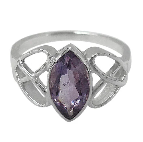 Sterling silver with rhodium, 14x7mm marquise stone ring with Celtic knot design,