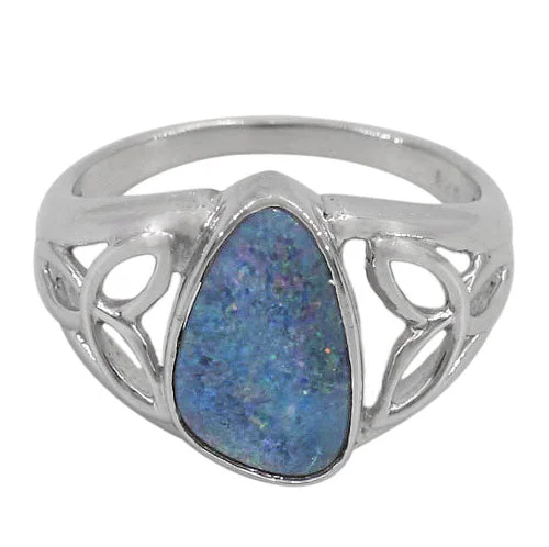 Sterling silver with rhodium, 15x9mm Australian opal stone ring with Celtic knot design, colour and size may vary.