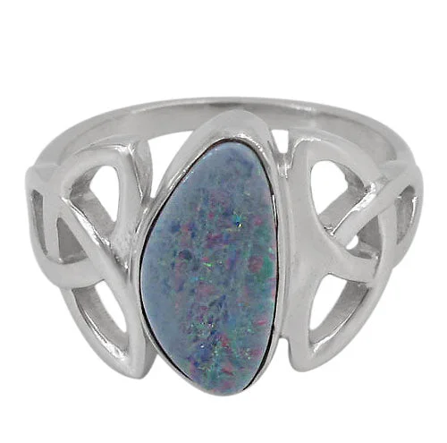 Sterling silver with rhodium, 16x13mm Australian opal stone ring with Celtic knot design, colour and size may vary.