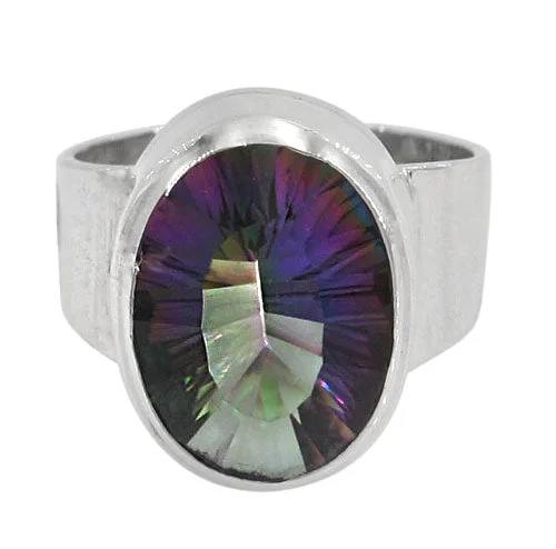 Sterling silver with rhodium, 18x14mm mystic quartz stone ring with 5mm width band.