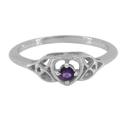 Sterling silver with rhodium, 3mm stone ring with Celtic knot design.