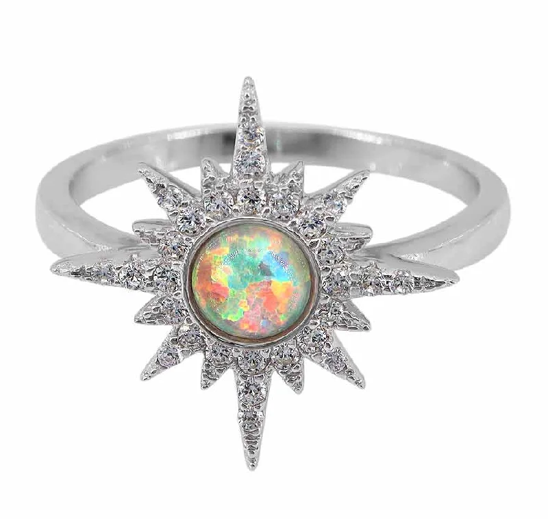 Sterling silver with rhodium, 5mm emulated opal ring with cubic zirconia, 17mm width