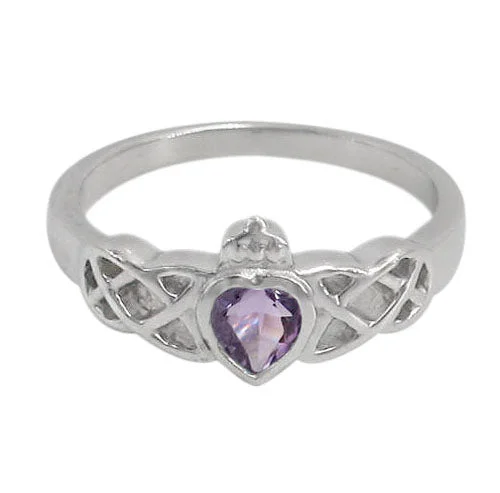 Sterling silver with rhodium, 6x6mm heart stone ring with Celtic knot design.