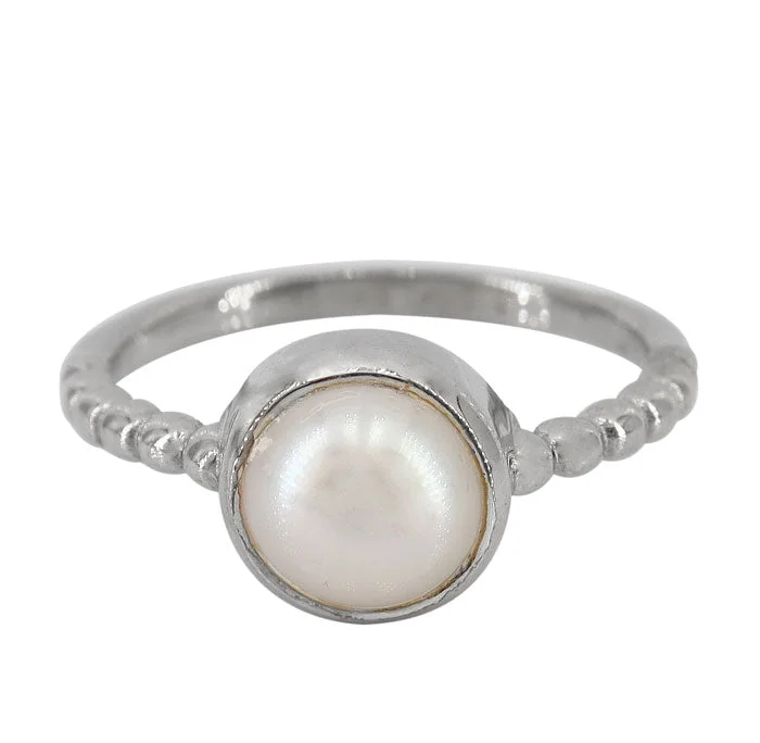 Sterling silver with rhodium, 7mm fresh water pearl ring, 2mm band