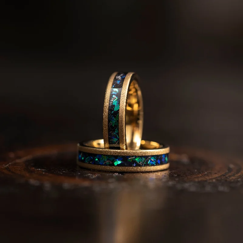 "Zeus" Flat Green Blue Nebula Ring- Meteorite and Opal- Gold Tungsten 5mm Womens