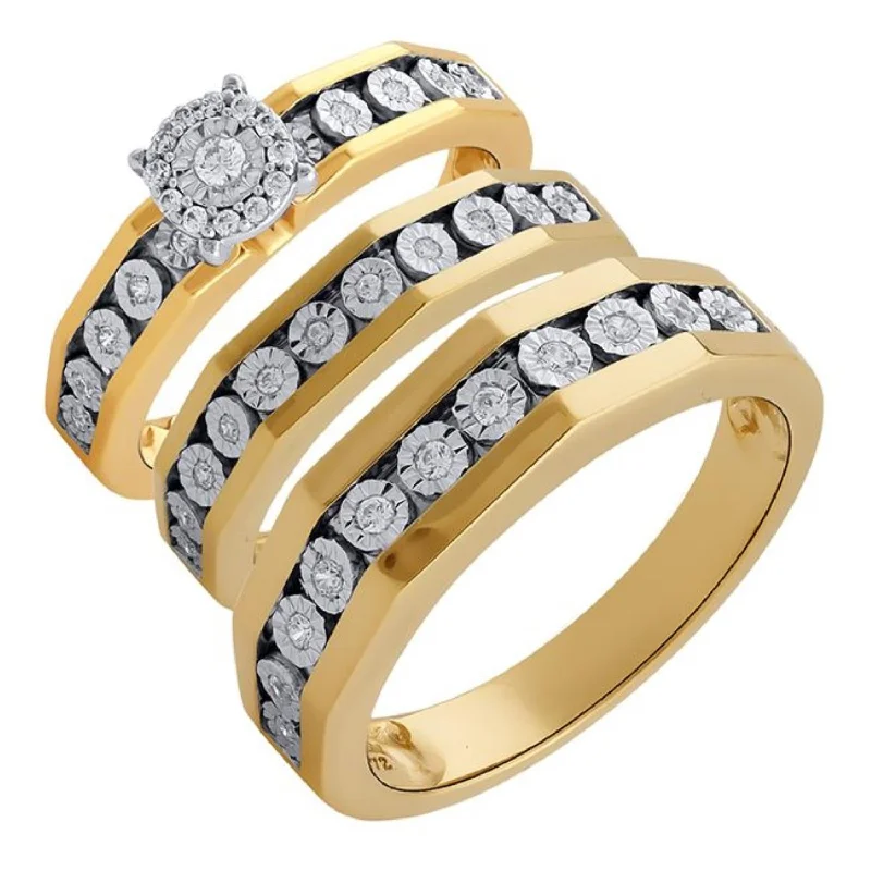 1/3 CTW Diamond Halo Wedding Trio Set in 10KT White and Yellow Gold