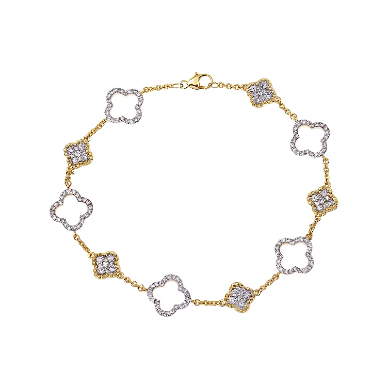 14K GOLD ROUND DIAMOND TWO TONE CLOVER CHAIN BRACELET 0.94 CT