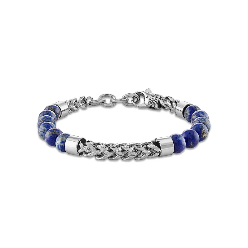 8MM Round Lapis Beads Franco Link Bracelet in Stainless Steel