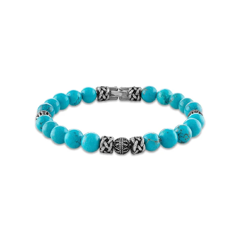 8MM Round Turquoise Beaded Bracelet in Stainless Steel