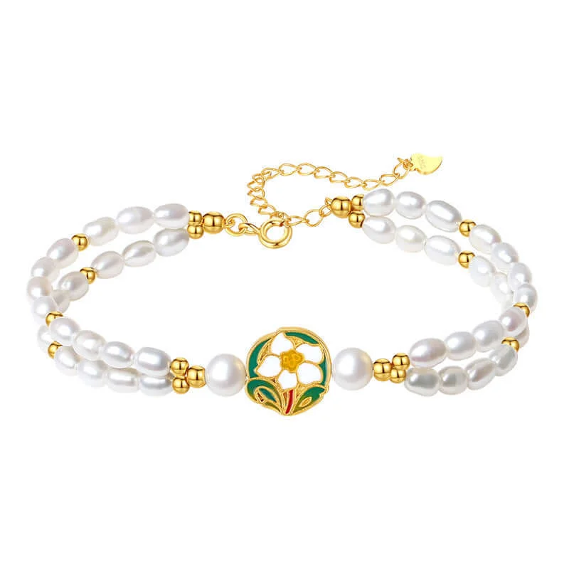 Sleek White Gold Band 925 Silver Enamel Camellia Freshwater Pearl Bracelet