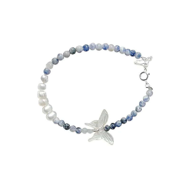 Dainty Birthstone Bracelet 925 Silver Freshwater Pearl White Butterfly Blue Point Stone Bracelet