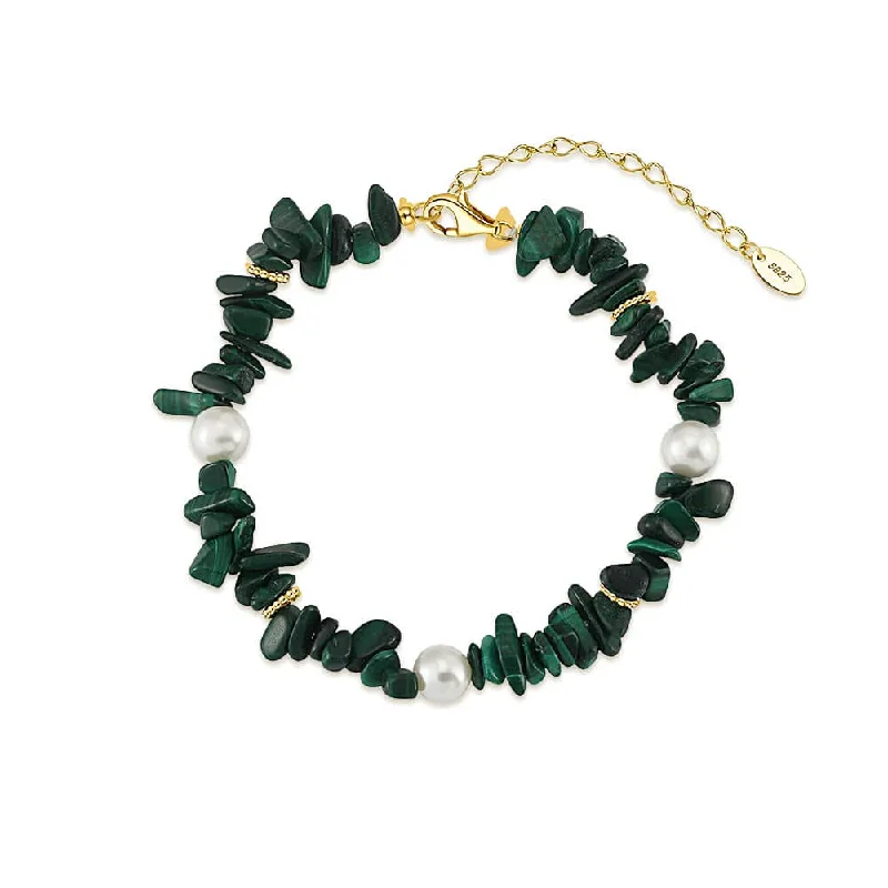 Chunky Gold Statement Ring 925 Silver Malachite Beaded Bracelet