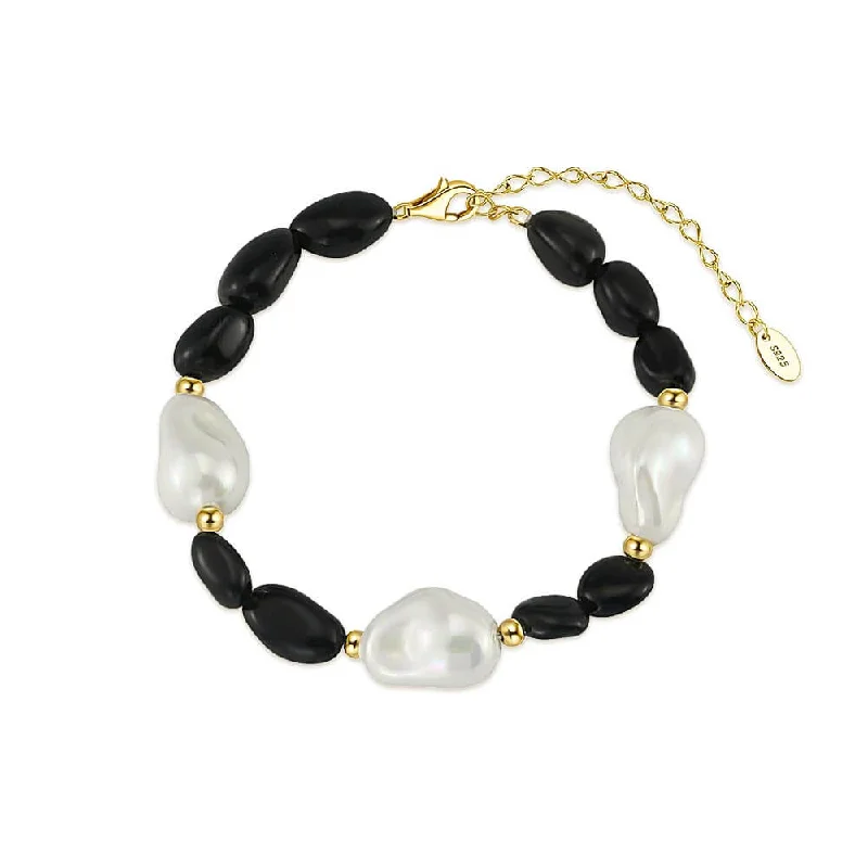 Thin Stacking Rings 925 Silver Obsidian Baroque Pearl Bracelet