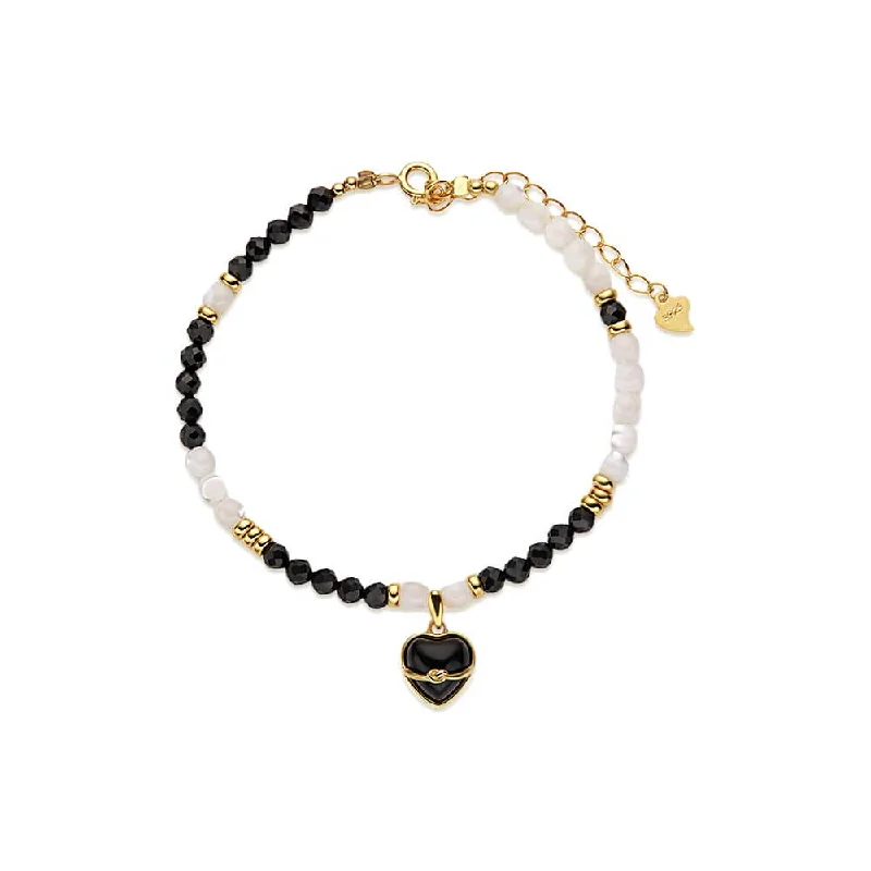 Trendy Gold Hoops 925 Silver Pearl Black Agate Pendant Heart Bracelet