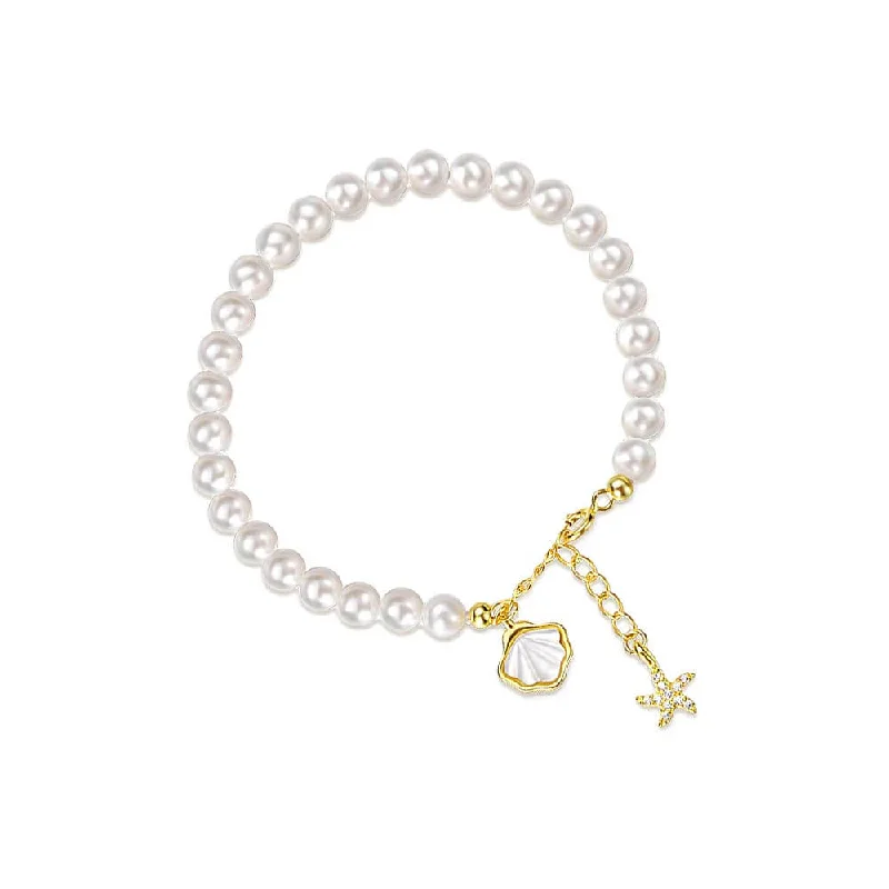 Layered Paperclip Chain 925 Silver Pearl Shell CZ Diamond Starfish Bracelet