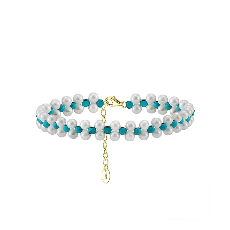 Elegant Twist Bangle 925 Silver Turquoise Pearl Beaded Bracelet