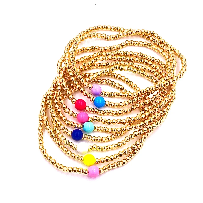 Bohemian Beaded Jewelry Ashley Gold Stainless Steel Gold Plated 3MM Ball Beaded Center Enamel Stretch Bracelet