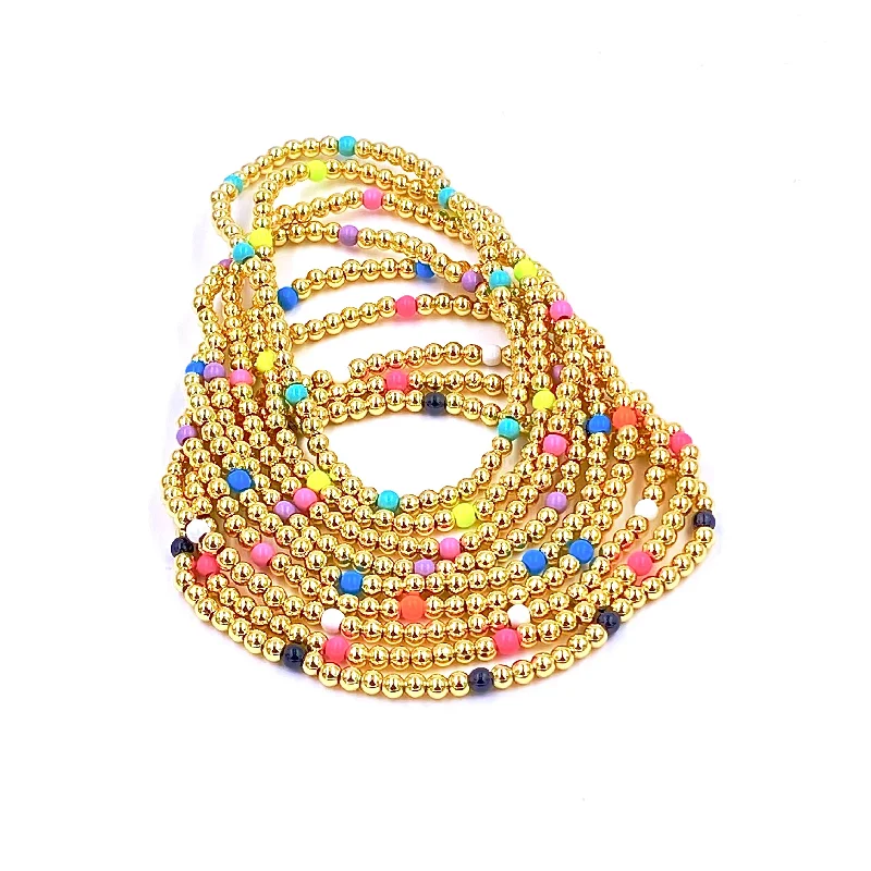 Trendy Stacking Rings Ashley Gold Stainless Steel Gold Plated 8 Enamel Ball Beaded Stretch Bracelet