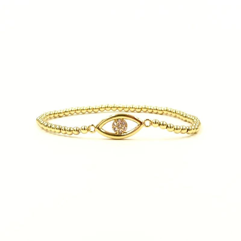 Adjustable Layered Necklace Ashley Gold Stainless Steel Gold Plated Evil Eye With CZ Center Stretch Beaded Bracelet