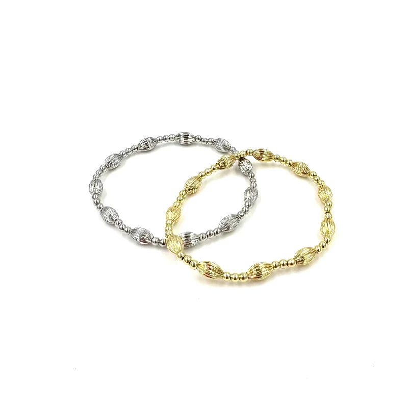 Classic Rope Chain Ashley Gold Stainless Steel Oval Faceted Beaded Stretch Bracelet