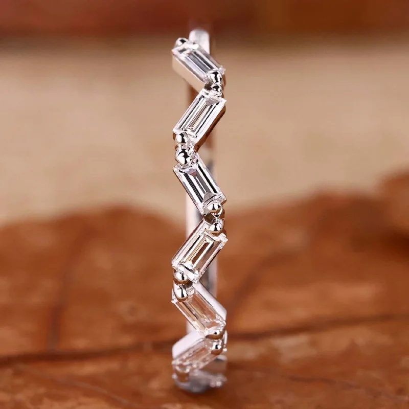 Baguette Diamond Wedding Band, Zig Zag Stackable Band