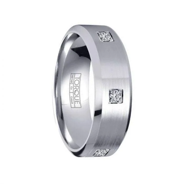 Brushed Cobalt Wedding Band with Polished Beveled Edges & 3 Diamonds - 7mm