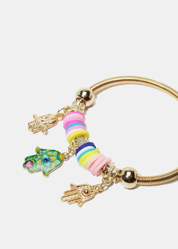 Thin Stacking Rings Colorful Hamsa Hand Charm Coil Bracelet