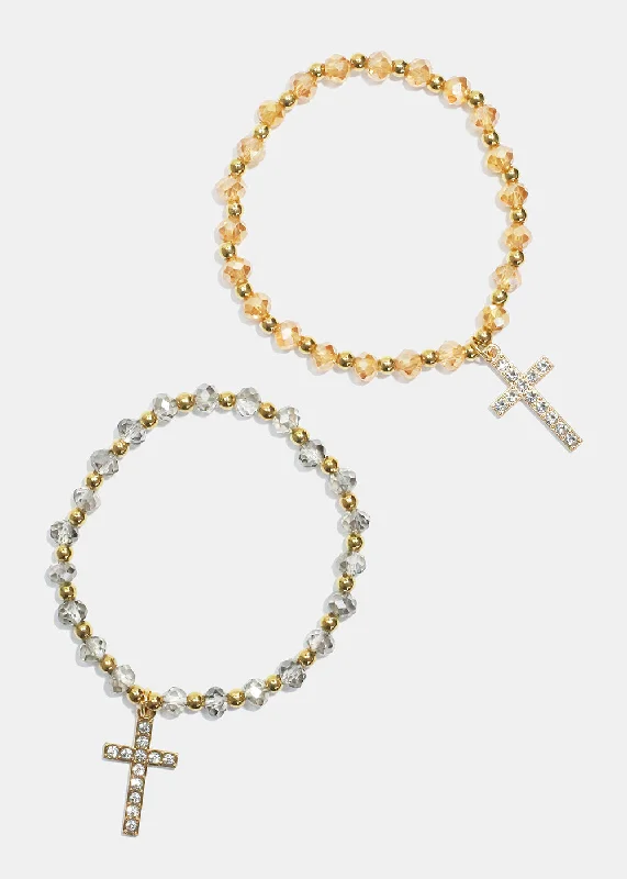 Timeless Gold Hoops Cross Charm Beaded Bracelet