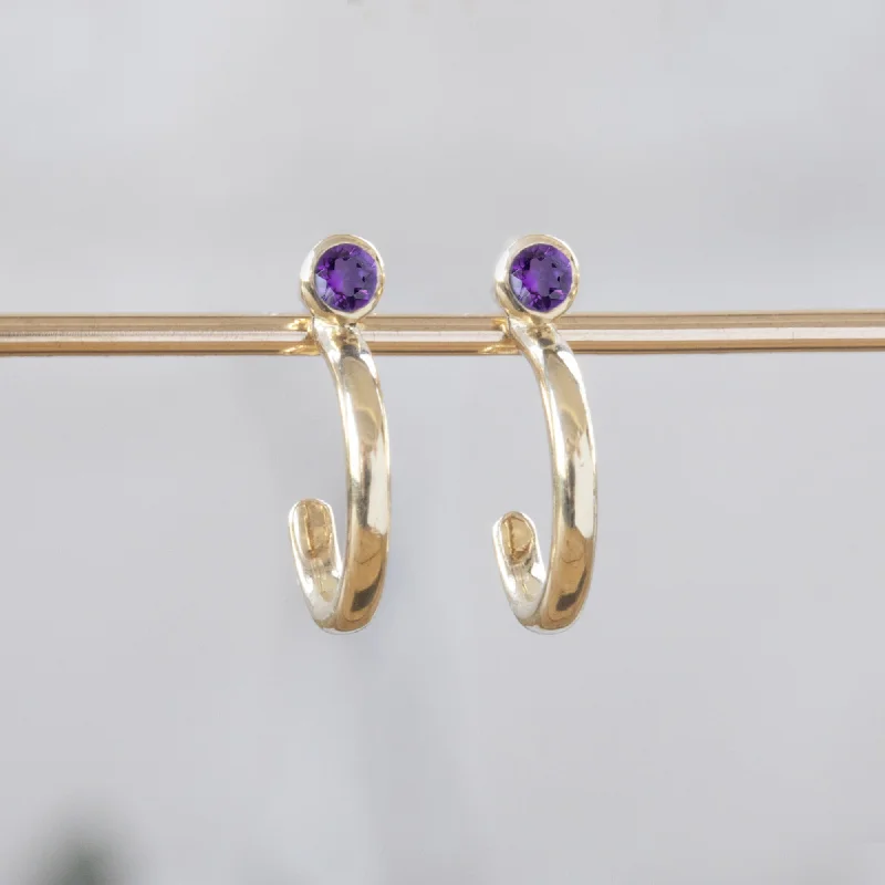 Custom Amethyst Birthstone Hoop Earrings | 14K Yellow Gold