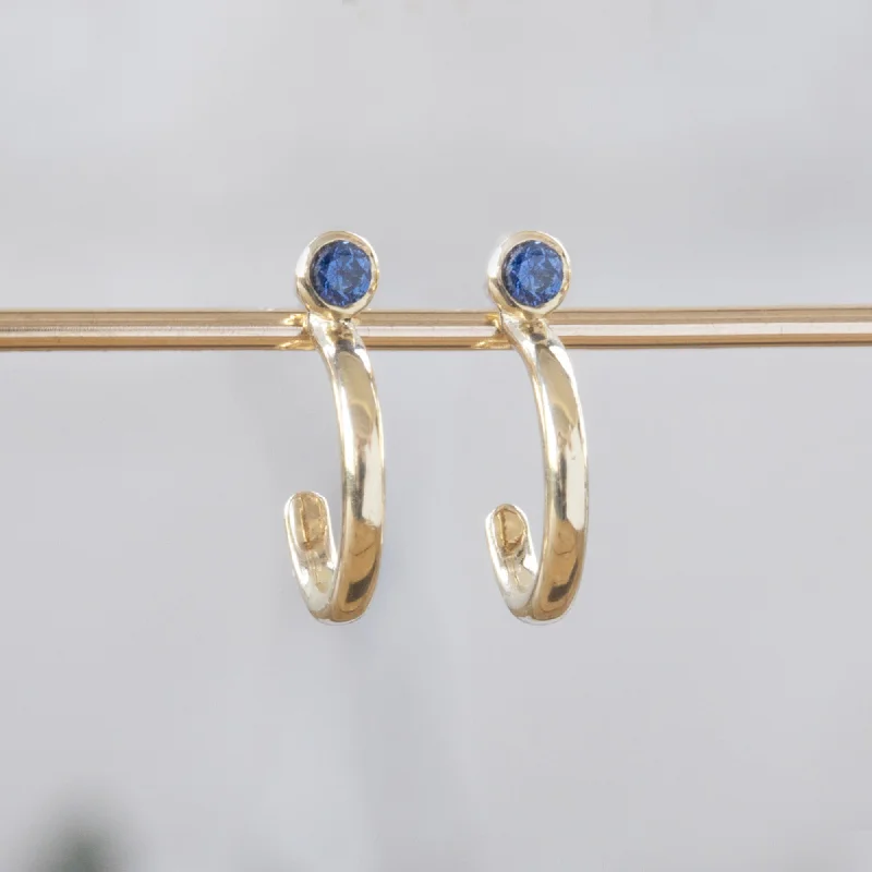 Custom Blue Sapphire Birthstone Hoop Earrings | 14K Yellow Gold