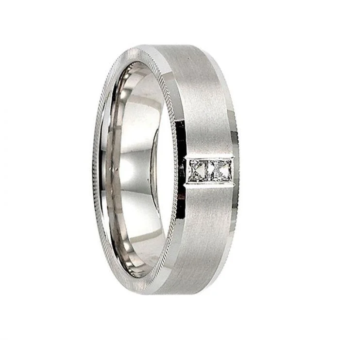 DUMONT 14k White Gold Wedding Band Flat Satin Brushed Finish Dual Center Diamonds Coin Accents Beveled Edges- 6 mm