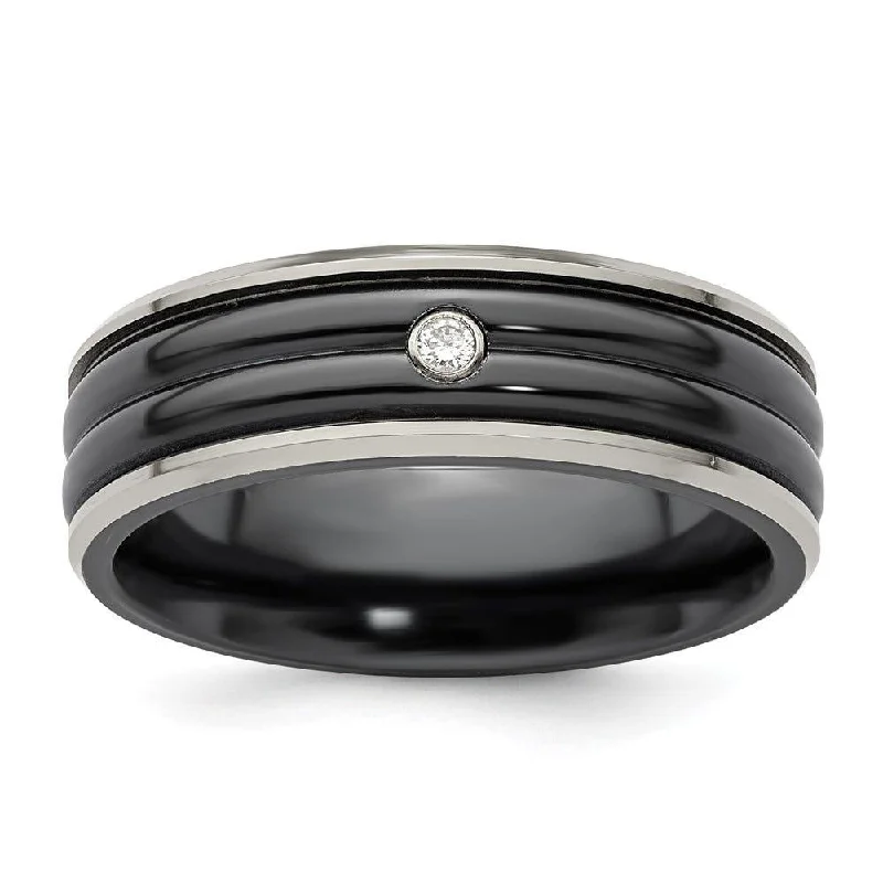 Edward Mirell Black Ti with Grey Titanium Edge .03 carat Diamond with Sterling Silver Bezel 7mm Band