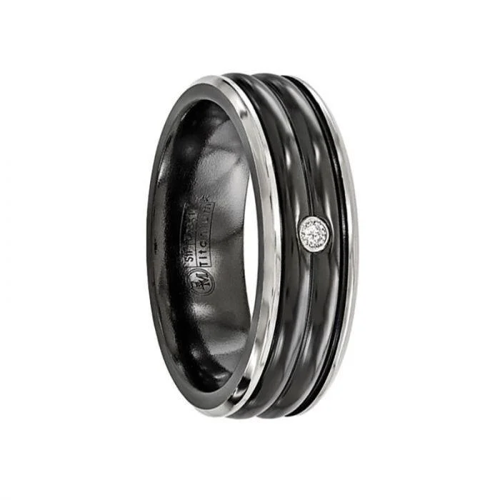 Edward Mirell Black Ti with Grey Titanium Edge .03 carat Diamond with Sterling Silver Bezel 7mm Band