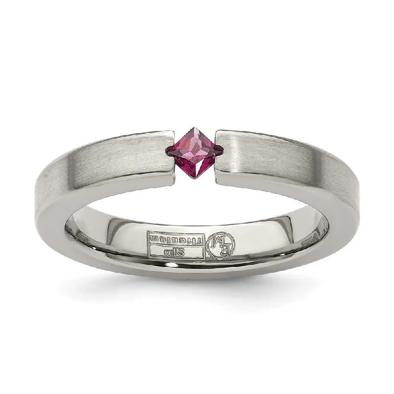 Edward Mirell Titanium Tension-set Square Rhodolite Garnet Brushed 4mm Band