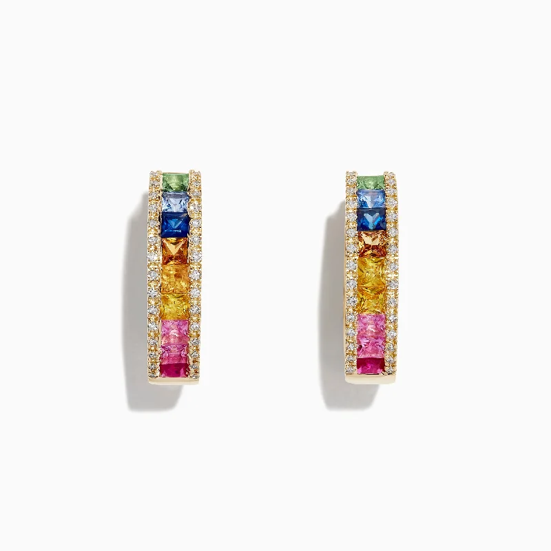 Watercolors 14K Gold Multi Sapphire & Diamond 3/4" Hoop Earrings, 2.63 TCW