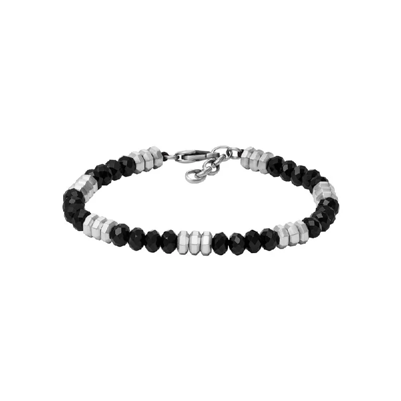 Fossil Stainless Steel Jewelry Black Agate Beaded 19+2.5cm Bracelet