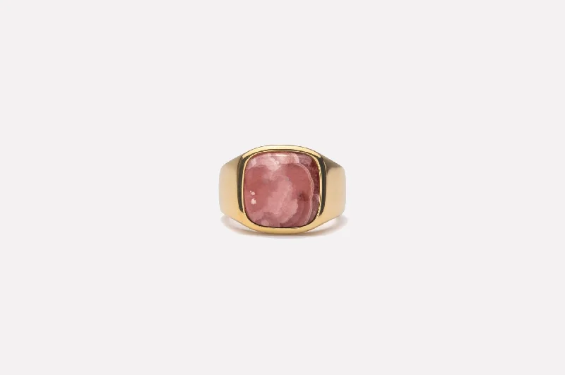 IX Cushion Rhodocrosite Signet Gold Plated Ring