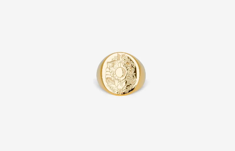 IX Oval Family Crest Signet Gold Plated Ring