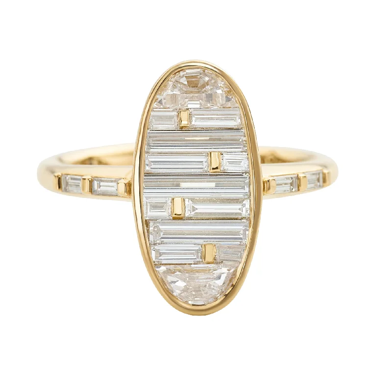 Golden Vessel Engagement Ring with Half Moon and Baguette Diamonds